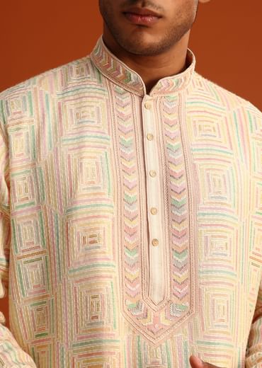 Yellow Silk Kurta Pant Set With Hand Work on Yoke