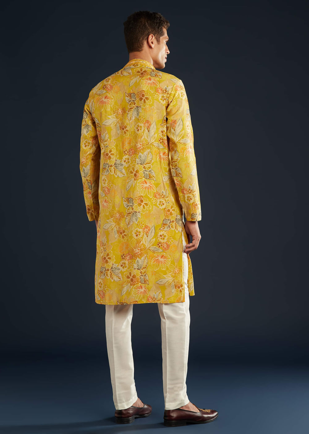 Yellow Silk Kurta Set with Floral print all over