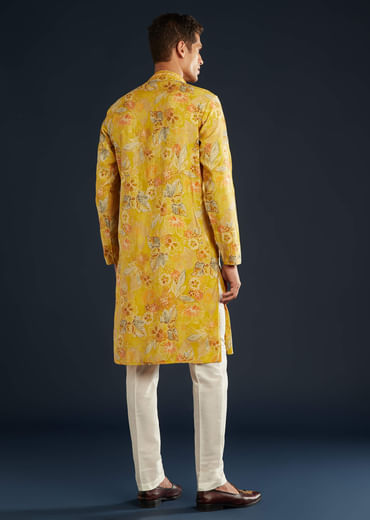Yellow Silk Kurta Set with Floral print all over