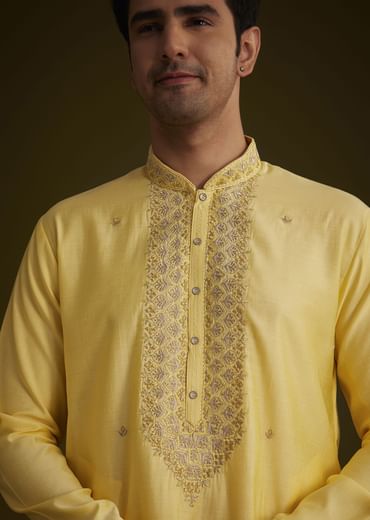 Yellow Silk Kurta Set With Resham Embroidery