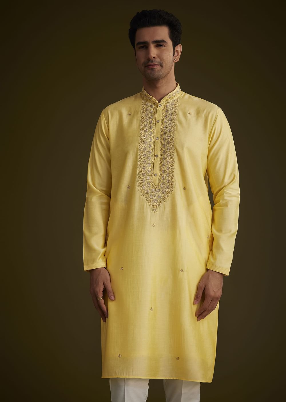 Yellow Silk Kurta Set With Resham Embroidery