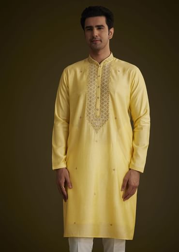 Yellow Silk Kurta Set With Resham Embroidery
