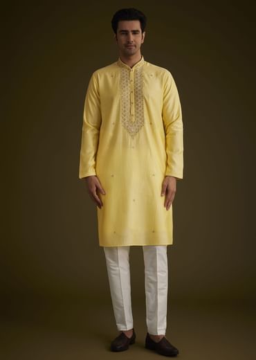 Yellow Silk Kurta Set With Resham Embroidery