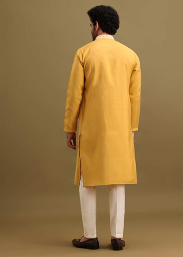 Yellow Silk Kurta Set With Resham Work For Men