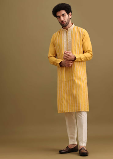 Yellow Silk Kurta Set With Resham Work For Men