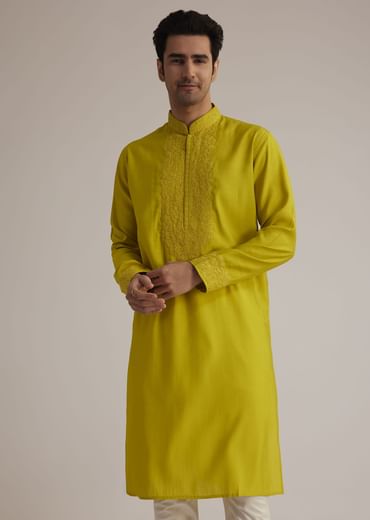 Yellow Silk Kurta With Thread Embroidery
