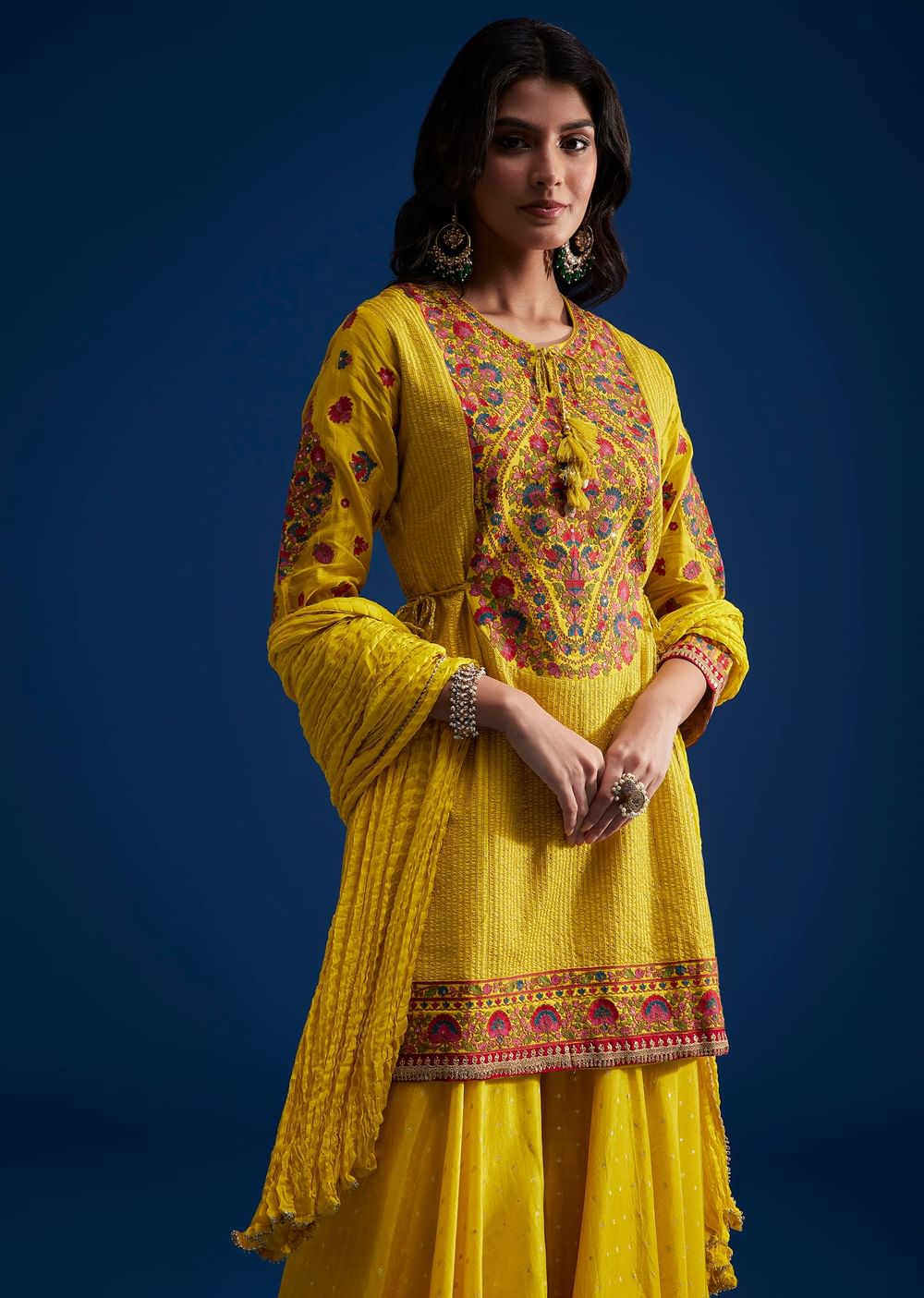 Yellow Silk Sharara Set With Gotta Lace Work