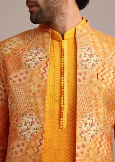 Yellow Silk Thread Resham Work Jodhpuri Kurta Set