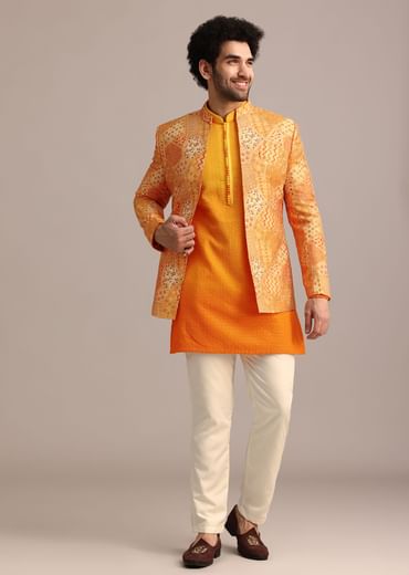 Yellow Silk Thread Resham Work Jodhpuri Kurta Set