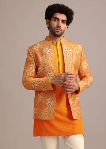 Yellow Silk Thread Resham Work Jodhpuri Kurta Set