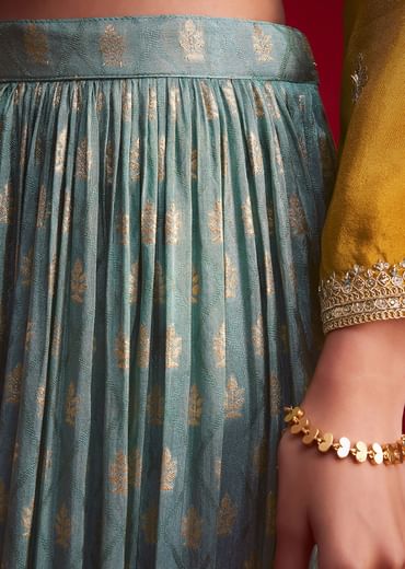 Yellow Tissue Embroidered Kurta Palazzo With Zari Border Dupatta