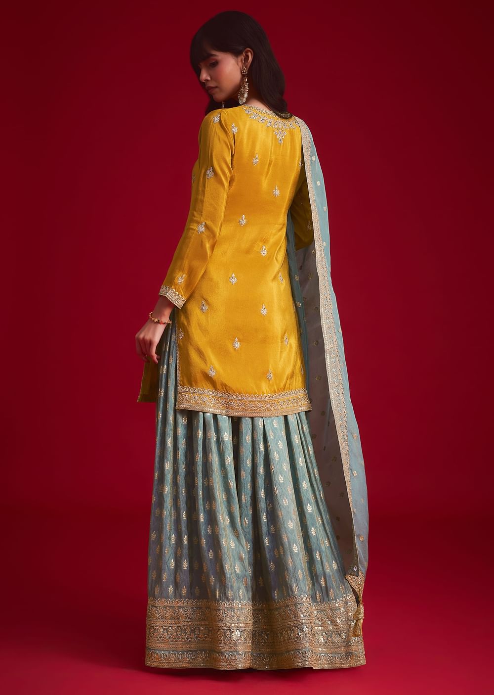 Yellow Tissue Embroidered Kurta Palazzo With Zari Border Dupatta