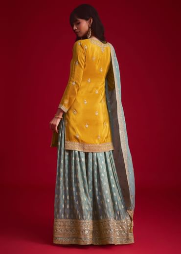 Yellow Tissue Embroidered Kurta Palazzo With Zari Border Dupatta