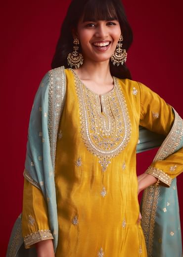Yellow Tissue Embroidered Kurta Palazzo With Zari Border Dupatta