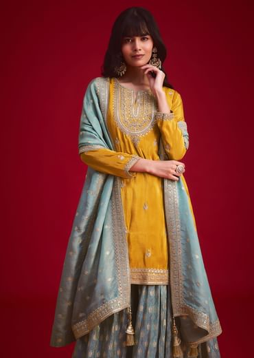 Yellow Tissue Embroidered Kurta Palazzo With Zari Border Dupatta