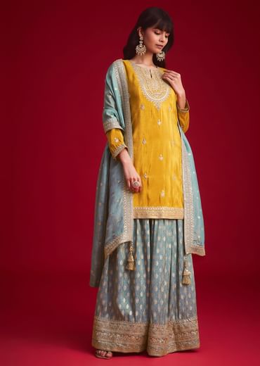 Yellow Tissue Embroidered Kurta Palazzo With Zari Border Dupatta
