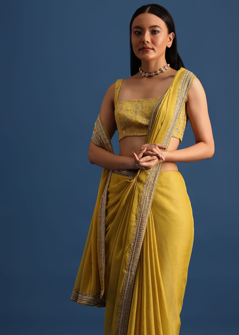 Yellow Tissue Organza Saree With Embroidered Border And Unstitched Blouse