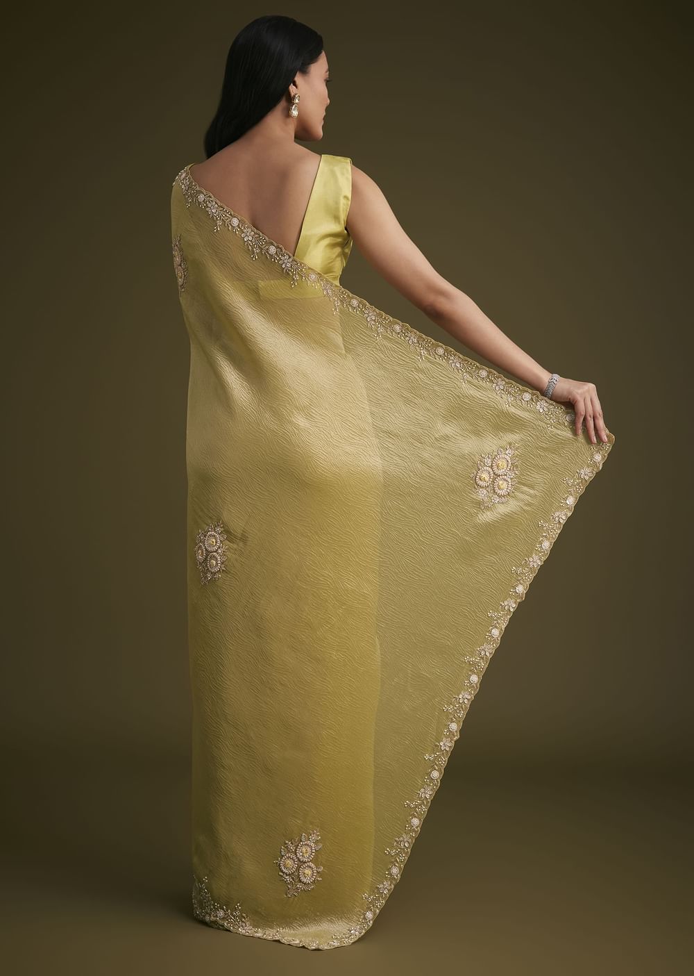 Yellow Tissue Saree With Floral Embroidery