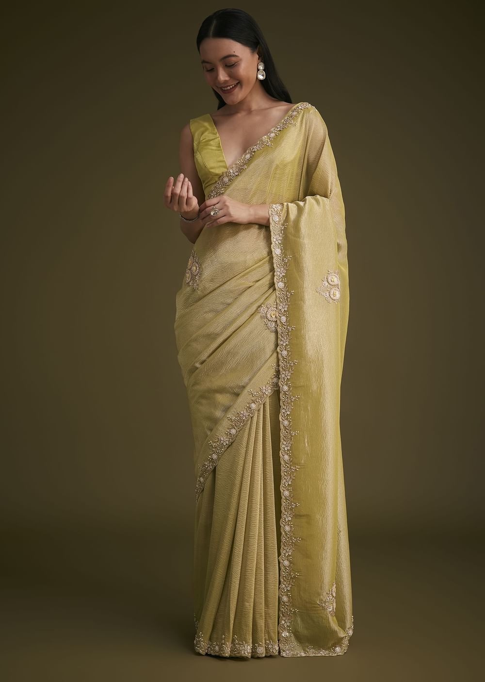 Yellow Tissue Saree With Floral Embroidery
