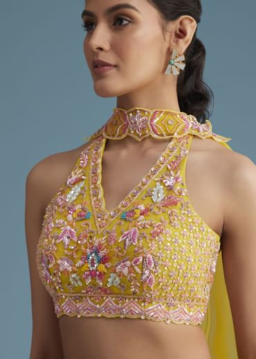 Yellow Tissue Silk Lehenga Set With Floral Print And Embroidery