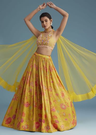 Yellow Tissue Silk Lehenga Set With Floral Print And Embroidery