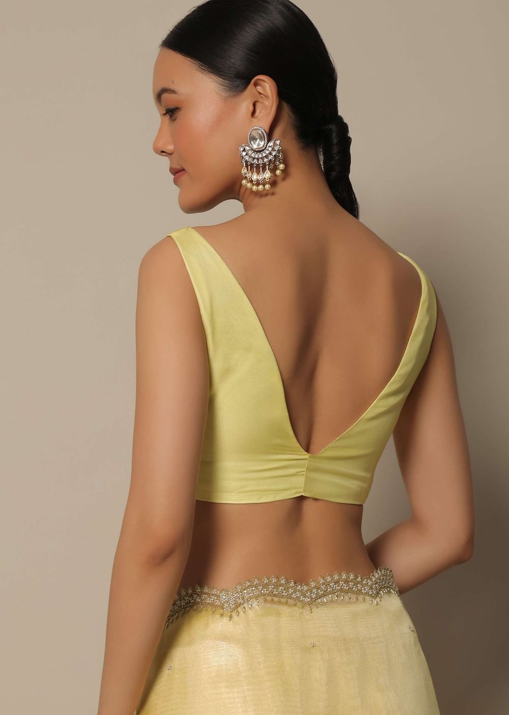 Yellow Tissue Silk Saree With Bead Work And Unstitched Blouse Piece