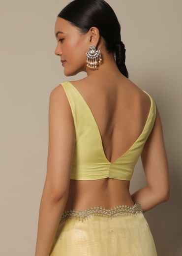 Yellow Tissue Silk Saree With Bead Work And Unstitched Blouse Piece