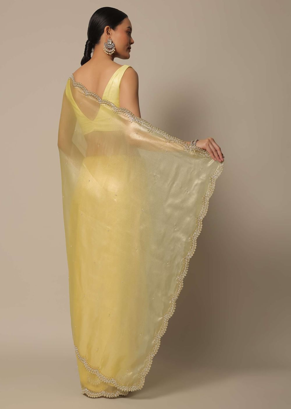 Yellow Tissue Silk Saree With Bead Work And Unstitched Blouse Piece