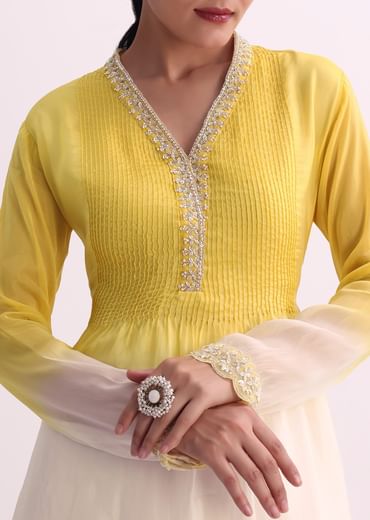 Yellow White Two Toned Embroidered Kurti Pant Set