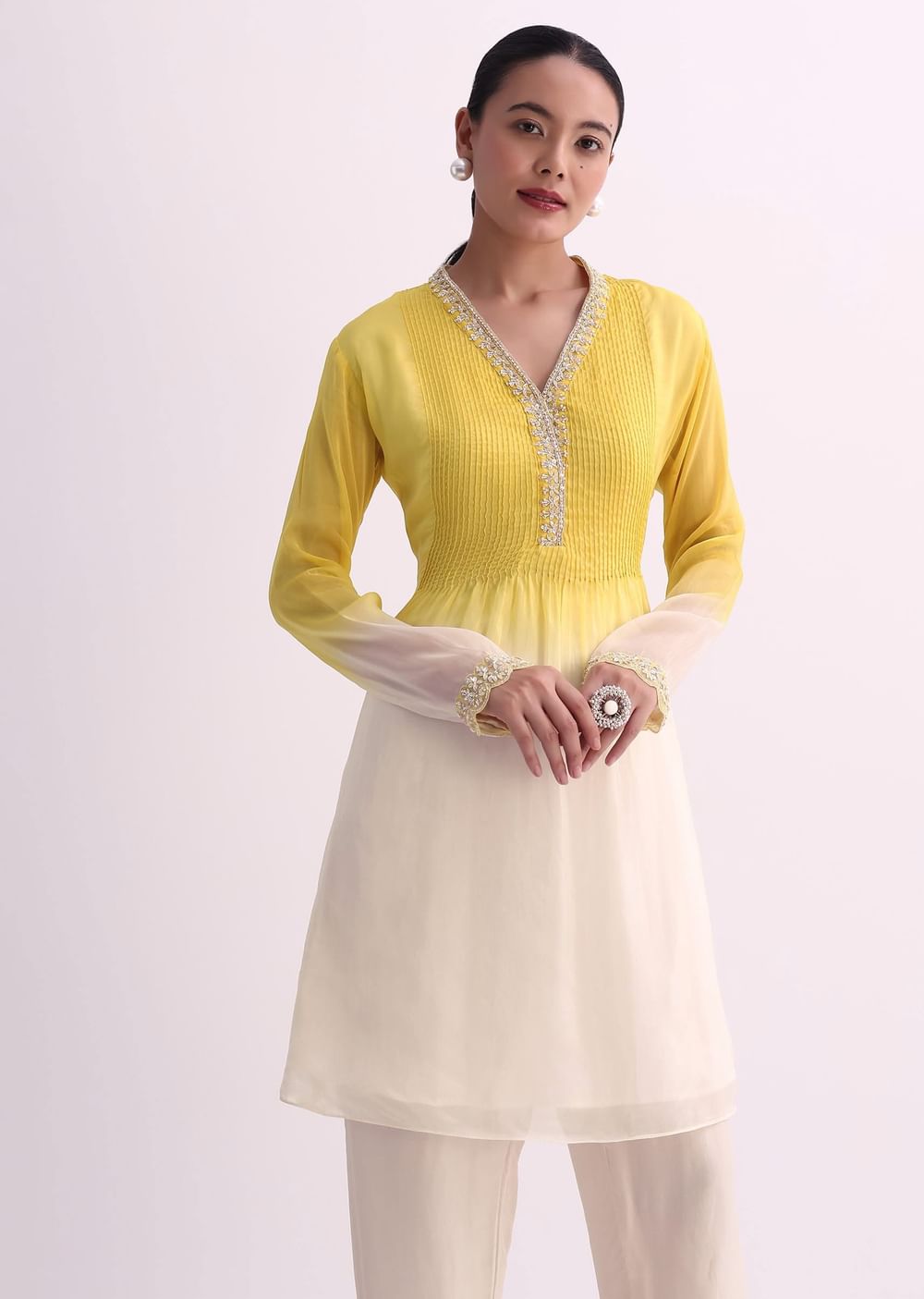 Yellow White Two Toned Embroidered Kurti Pant Set