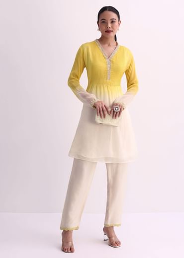 Yellow White Two Toned Embroidered Kurti Pant Set
