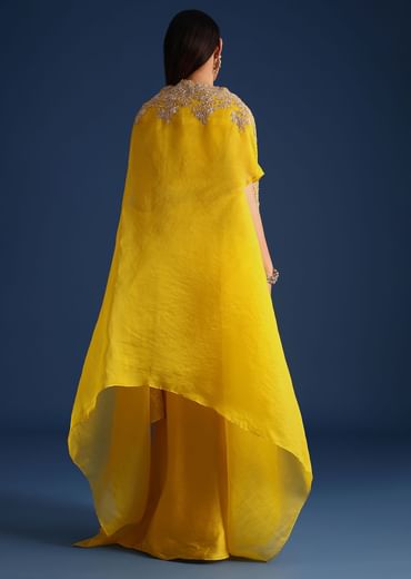 Yellow Zardozi Work Crop Top With Jacket And Skirt
