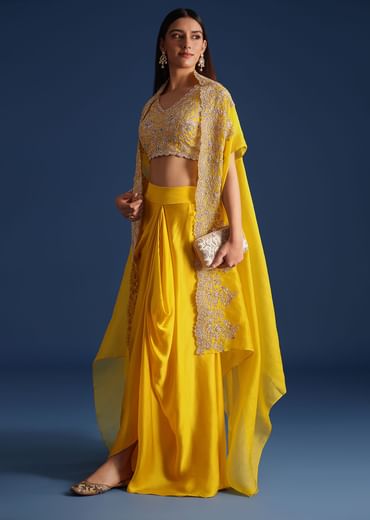 Yellow Zardozi Work Crop Top With Jacket And Skirt