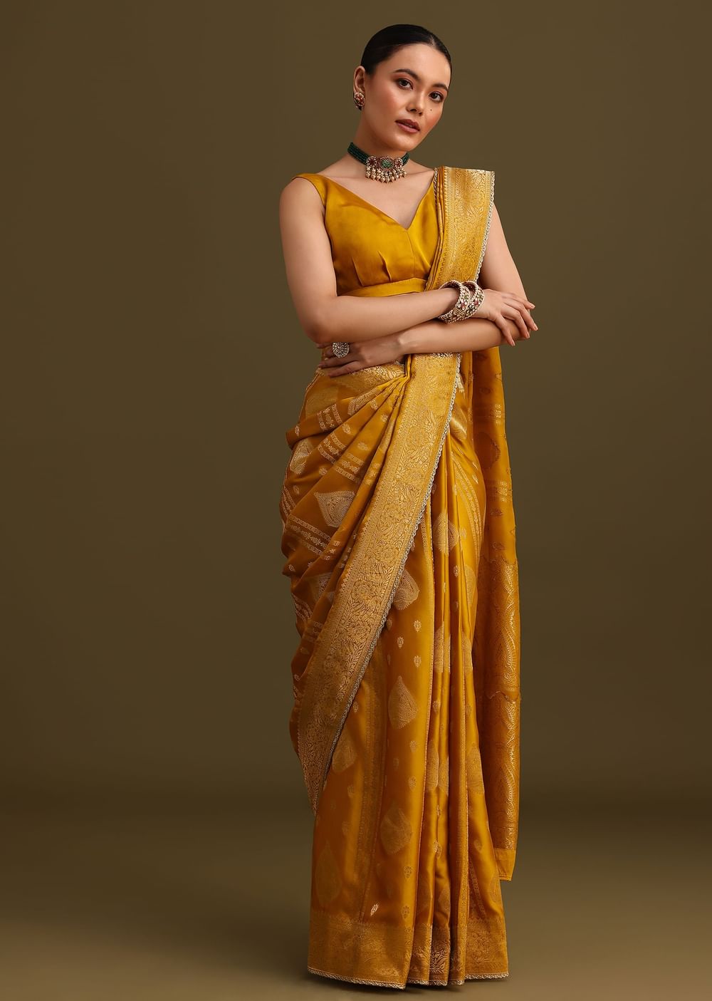 Yellow Zari Weave Saree With Unstitched Blouse