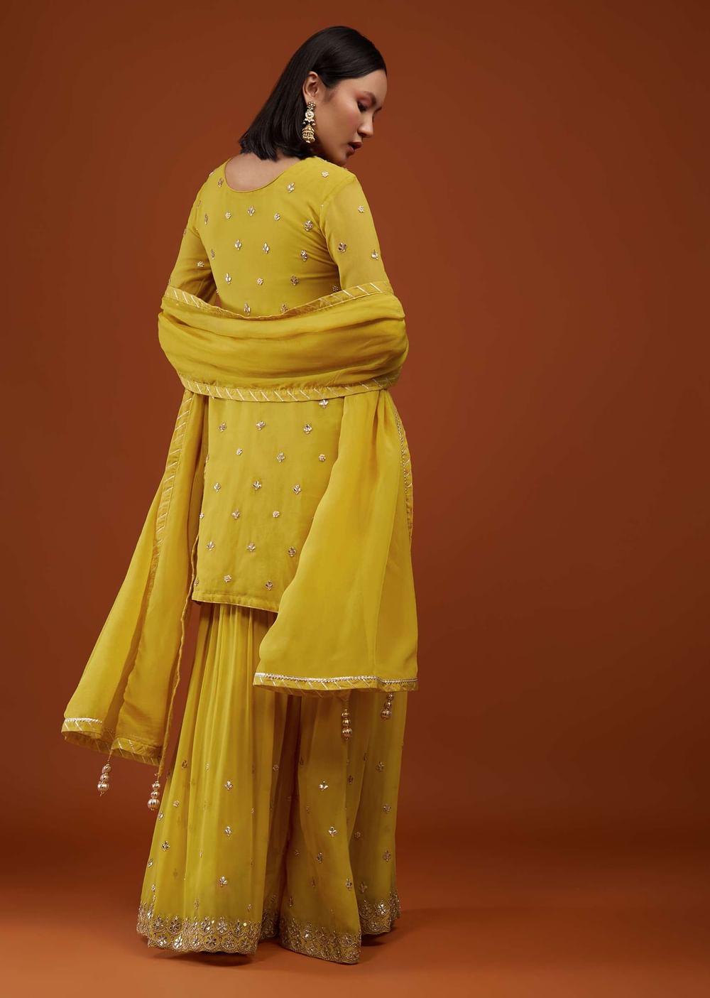 Daffodil Yellow Sharara Suit In Georgette With Embroidery