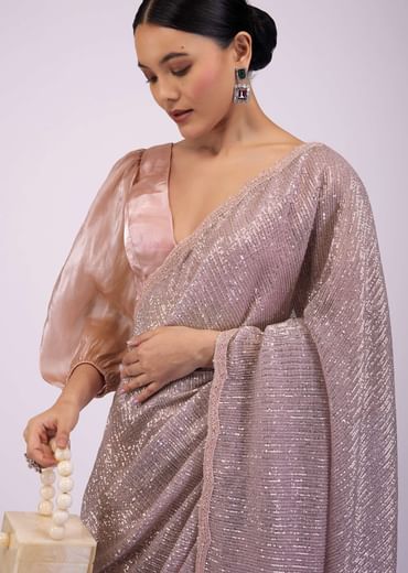 Zephyr Pink Saree In Sequins And Organza With Embroidery