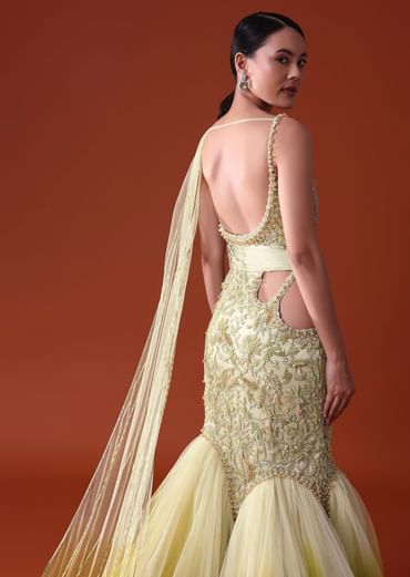 Citrus Green Ombre Fishcut Zardozi Gown Saree
